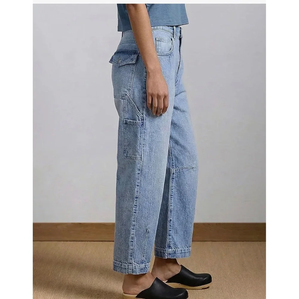 Flamingals Womens High Rise Barrel Cropped Cargo Jeans Light Wash Blue 3XL 16-18